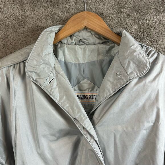 Vintage 80s Changing Scene Silver Nylon Raincoat Belted Trench Coat 12 L Large - Picture 4 of 13